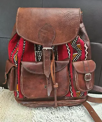 Vintage Weaved Fabric & Leather Backpack Medium Red & Brown Drawstring VGC • £13.99