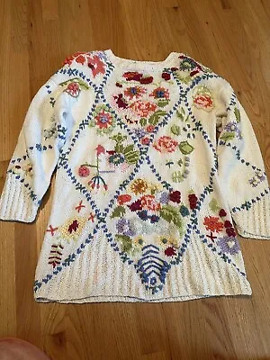 Vintage Jennifer Reed Van Heusen Hand Knit Cottage Core Floral Sweater Large • £34.21