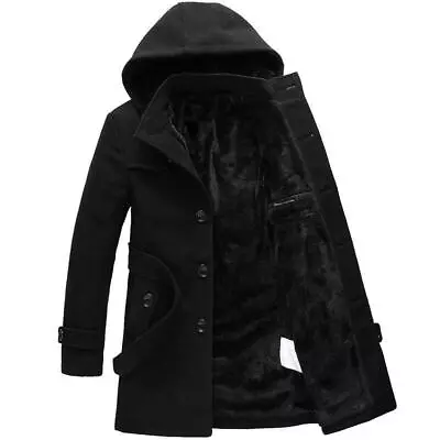 Mens Trench Coat Warm Lined Hooded Detachable Casual Winter Jacket Peacoat Parka • $62.08