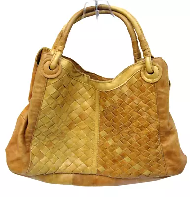 VINTAGE Light Tan TWO-TONE BOHO WEAVED LEATHER Tote Shoulder Handbag Size Large • $9.99