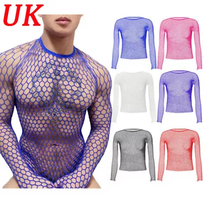 UK Mens Sexy Mesh See Through Fishnet T-Shirt Long Sleeve Muscle Undershirt Top • £13.99