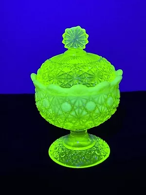 LG Wright Daisy And Button Vaseline Opalescent Compote With Lid • $169