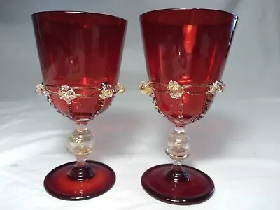 2 Venetian Salviati Goblets Murano Laced Ruby Red Avventurine Gold Fleck Glasses • $225