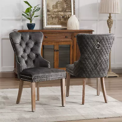 Dining Chairs Set Of 2 Fabric Upholstered Kitchen Chairs W/ Solid Wood Legs Grey • £149.99