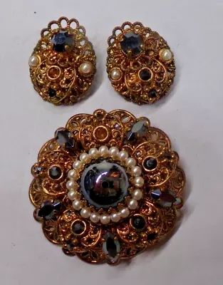 Vintage WEST GERMANY Brooch And Clip-on Earrings (missing 2 Small Black Stones) • $75