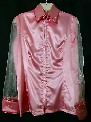 Western All Day Rail HMS SMS Horse Show Day Shirt Pink Satin Sheer Sleeve LG • $209