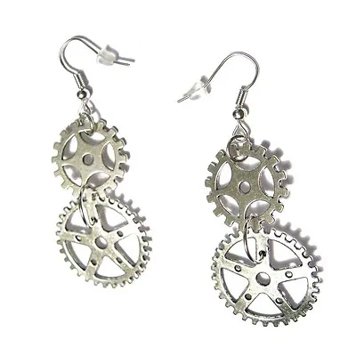 Classic Steampunk Gears Charm Drop Silver Plated French Hook Earrings Costume • $5.99