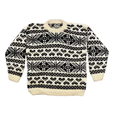 Heavy Wool Sweater Made In Nepal Pullover Reindeer Caribou Fair Isle Men's Sz L • $63.99