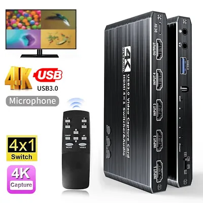 USB 3.0 4K Video Capture Card 1080P 60FPS Game Capture Device 4x1 HDMI Switcher • $45.07