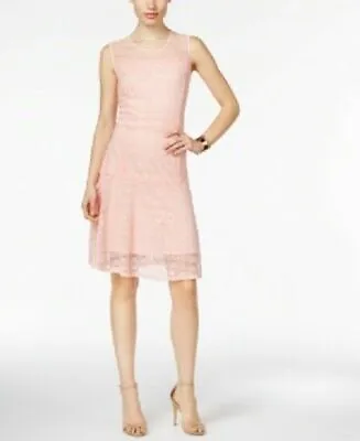 NWT Ny Collection Womens Size Xlarge Pink Mixed-lace Illusion Fit & Flare Dress • $4.99