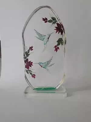 Vintage Lucite Intaglio Reverse Carved Flowers & Hummingbirds Paperweight 8.25 T • $14.88