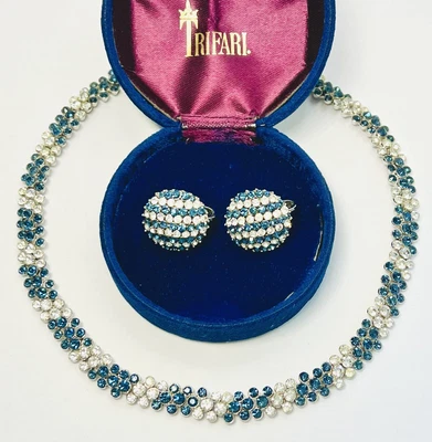 £76.83 • Buy Important Signed Trifari Sapphire And Pave Necklace And Earrings Set-Rare Design