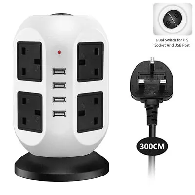 8 Way Tower Power Extension Lead With USB 3M UK Plug -Multi Socket Surge Protect • £20.99