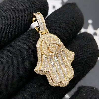 14K Yellow Gold Plated Baguette 1.88 Ctw Real Moissanite Hamsa Hand Pendant • $113.24