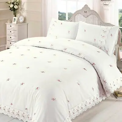 Cream Duvet Covers Embroidered Floral Rose Lace Vintage Quilt Cover Bedding Sets • £38