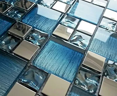 Blue Iridescent Glass Foil & Silver Chrome Metal Square Mosaic Wall Tile 8mm • £8.98