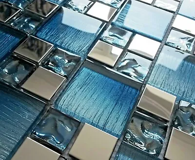 £8.98 • Buy Blue Iridescent Glass Foil & Silver Chrome Metal Square Mosaic Wall Tiles 8mm