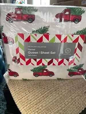Martha Stewart Red Holiday Truck Flannel Sheet Set QUEEN • $29