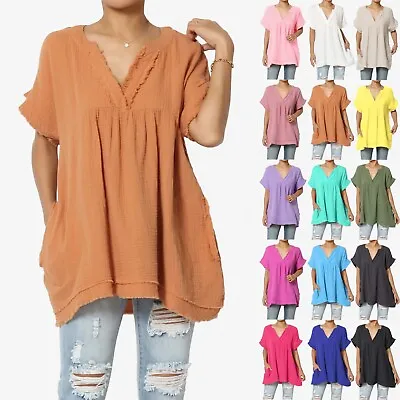 TheMogan Casual Loose Short Sleeve V Neck Cotton Gauze Babydoll Shirt Blouse Top • $25.99