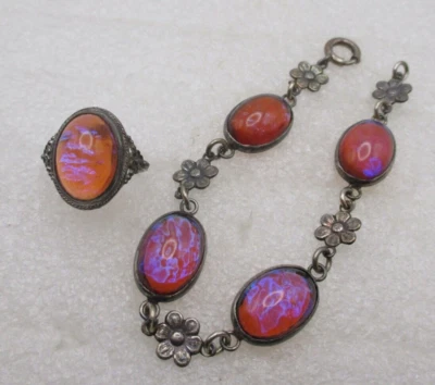 $200 • Buy VTG DRAGONS BREATH GLASS Cabochon STERLING SILVER BRACELET Matching RING SET