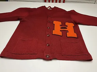 Vintage Red Sweater Varsity Letterman “H” Football Cardigan V Neck Mens Size 44 • $89.99
