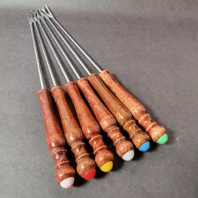 Vintage Fondue Forks 6 PC Wood Handle Multi Colored Ends Appetizer GUC • $9.99