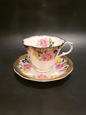 Rare QUEEN ANNE Tea Cup & Saucer Set Pink Yellow Roses Gold Bone China England • $28.40