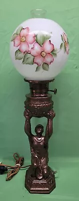 Vtg Art Nouveau Deco Man Figural Holding Round Globe Pink Flowers Table Lamp • $229.99