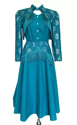 Vintage Lilia Smitty Western Dress Sz 9/10 Turquoise Silver Lace Fringe Cowgirl • $74.99