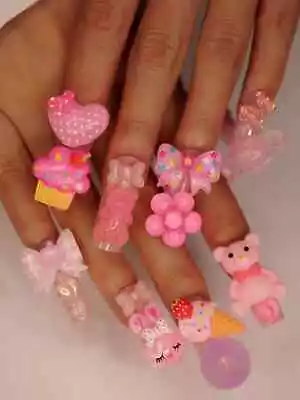 KAWAII Cute Chunky Junk Charms Press On Nails Full Set 24 (12 X 2) Long Square • £7.50