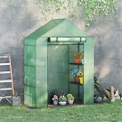 Walk In Greenhouse For Outdoor W/ 2 Tier Shelf Roll-Up Door PE Cover Green • £52.99