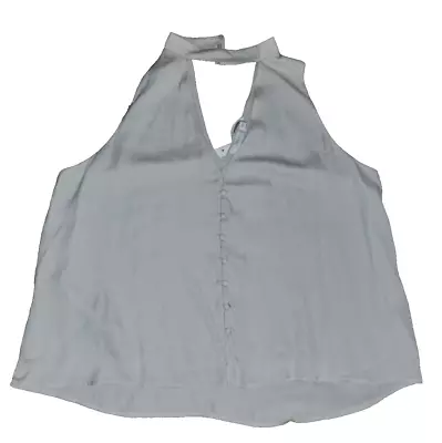 Women Large Satin Blouse Light Grey Button Front V Neck Collared Neck Sleeveless • $17