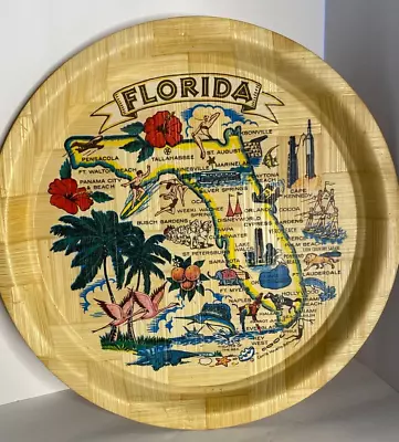 Florida Bamboo Tray Vintage Round Serving Tray Carrib • $12