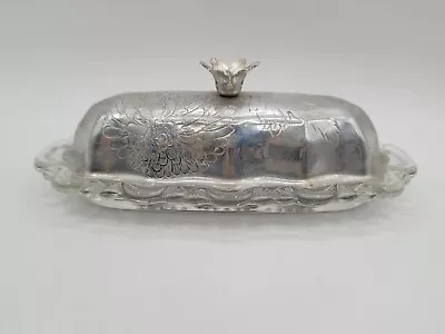 Vintage Glass Butter Dish Etched Dahlia Metal Lid • $22.99