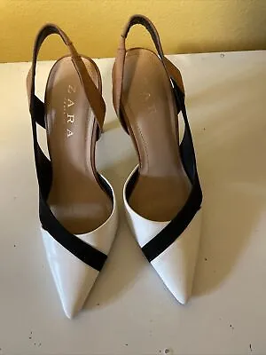 $30 • Buy Zara Court Shoes Synthetic Leather White Black High Heels 36 Sz
