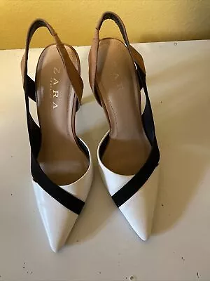 $30 • Buy Zara Court Shoes Synthetic Leather White Black High Heels 36 Sz