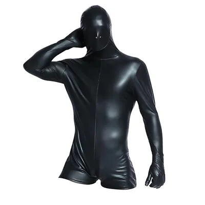 Men Male Catsuit Faux Leather Bodysuit Fetish Erotic Hooded Leotard PVC Jumpsuit • £20.39