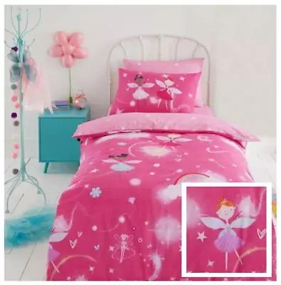 Girls Pink Single Duvet Set Fairy Rainbows Quilt Cover Pillow Case Bedding • £14.39