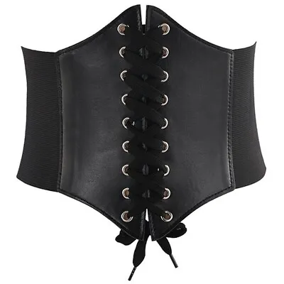 Retro Black Lace-up Corset Belt - Elasticated PU Leather Adjustable Fit - Small • £15.99