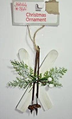 $3.50 • Buy 5  Tall White Skis & Brown Poles Christmas Ornament Faux Birch Cone Greenery