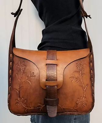 Vintage 70s Handmade Floral Tooled Brown Leather Shoulder Bag Handcrafted Purse • $18.99