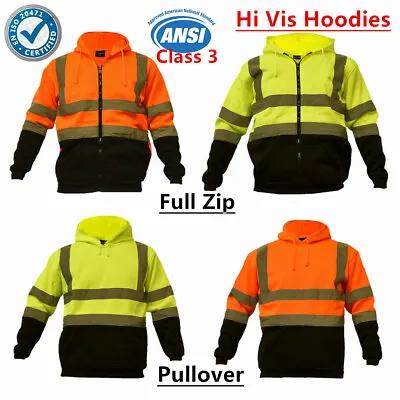 Hi Vis ANSI Class 3 Safety Pullover Zipper Sweatshirt Fleece Hoodie Black Bottom • $36.99