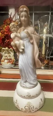 Vintage Madonna Mary With Jesus Child Religious Music Box Figurine Statue 10” T • $5