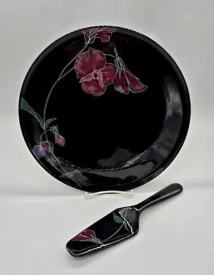 1980s Mikasa Tango FX004 Black Purple Ceramic Floral Cake Service 2pc Set • $29