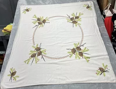 Vintage Hand Embroidered Tablecloth Slow Stitch Pine Cone Estate Embroidery • $29.99