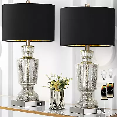 Set Of 2 Mercury Crackle Glass Lamps For Bedroom With 2 USB Ports 3-Color  • $112.78