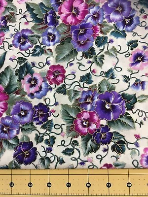 By The Yard PANSIES Faye Burgos Gold Metallic Out Of Print Flower Cotton Fabric • $16.98