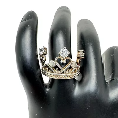 Vintage Silver Tone 925 Crown Shape Rhinestone Ring Sz 8.5 • $24.26