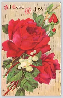 Good Wishes~Bright Red Roses~Lily Of The Valley~Woodgrain Bk~Stecher 235E~Vtg PC • $3.20