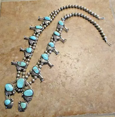 28  Vintage Navajo Sterling Silver CARICO LAKE Turquoise Squash Blossom Necklace • $949